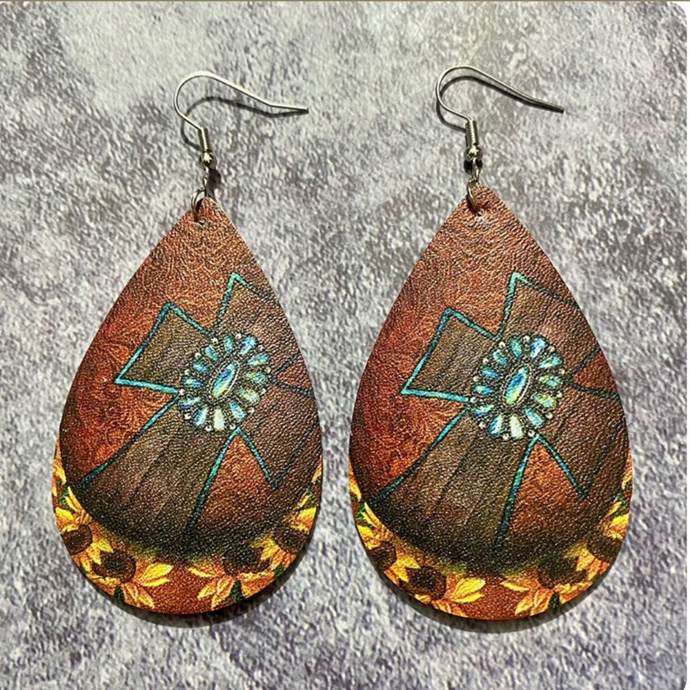 Brown Teardrop Earrings with Floral Design